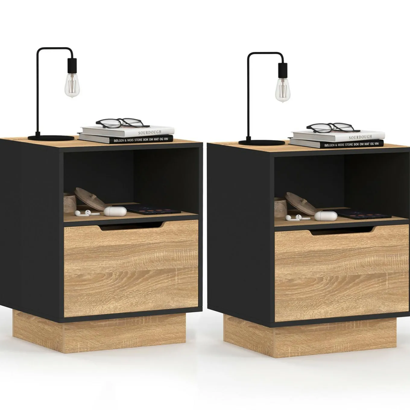 IDMarket Tables de chevet 1 tiroir hêtre noir* Tables De Chevet|Collection Moderne