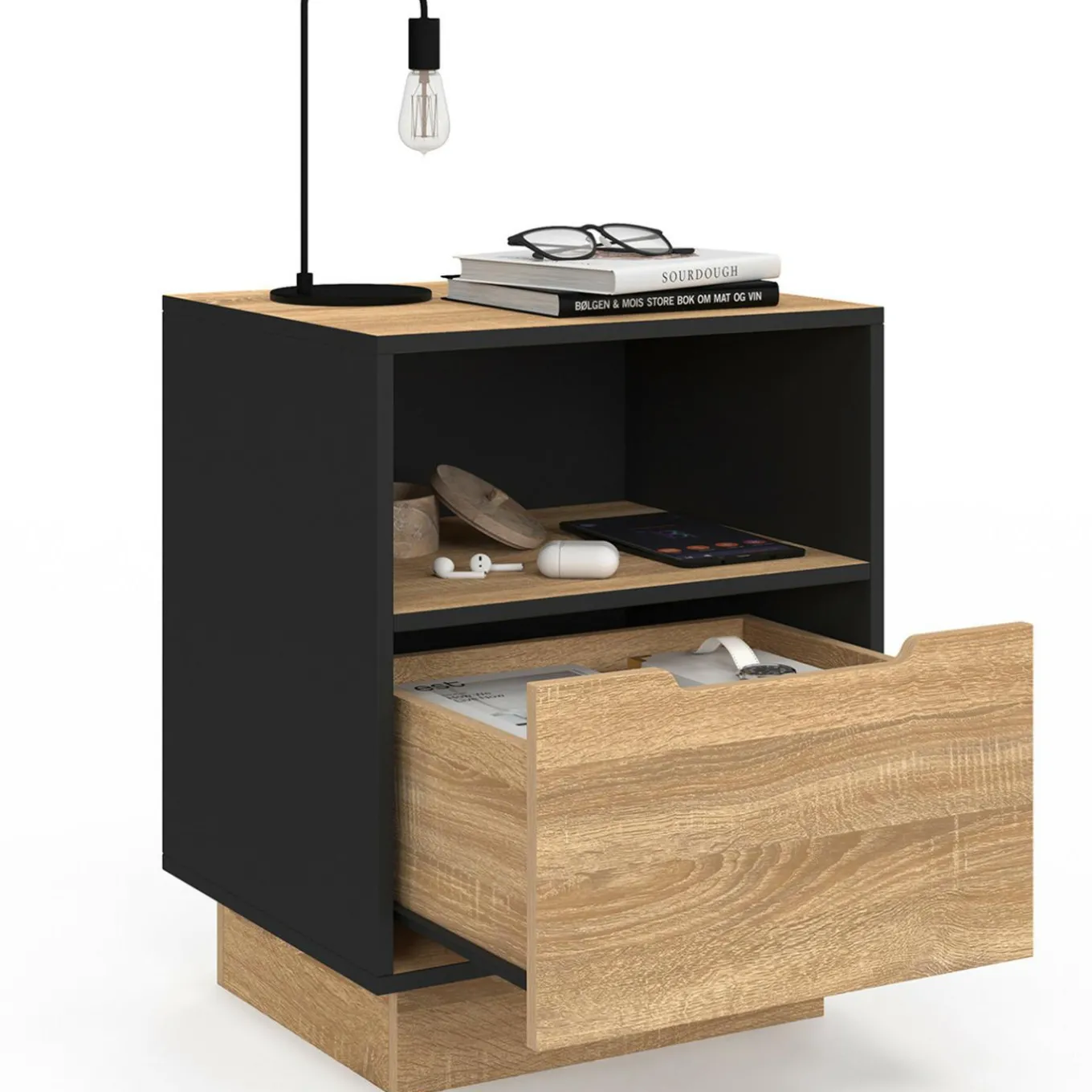 IDMarket Tables de chevet 1 tiroir hêtre noir* Tables De Chevet|Collection Moderne