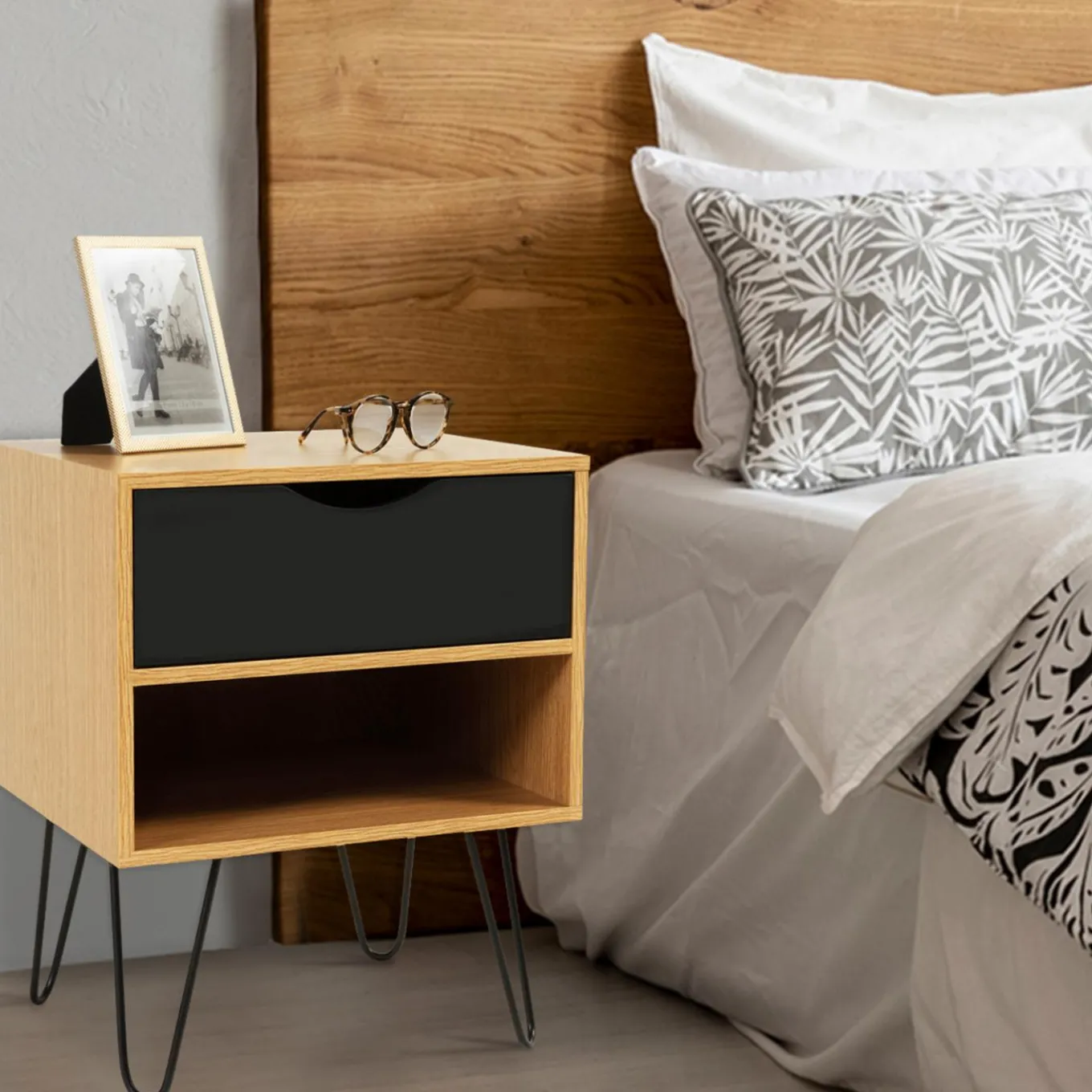 IDMarket Tables de chevet bois et métal pieds épingle* Meubles Tiroirs|Collection Vintage