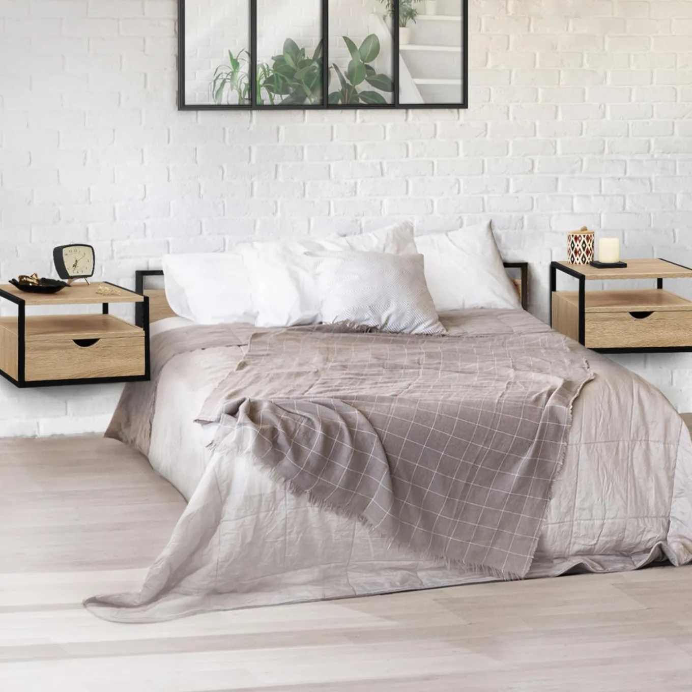 IDMarket Tables de chevet murales bois et métal style industriel* Meubles Tiroirs|Meubles Bas