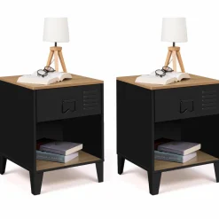 IDMarket Tables de chevet noires bois façon hêtre et métal style industriel* Chambre Complète Adulte|Tables De Chevet