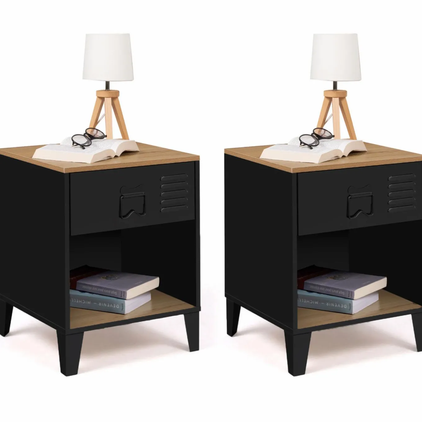 IDMarket Tables de chevet noires bois façon hêtre et métal style industriel* Chambre Complète Adulte|Tables De Chevet