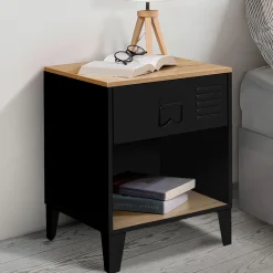 IDMarket Tables de chevet noires bois façon hêtre et métal style industriel* Chambre Complète Adulte|Tables De Chevet