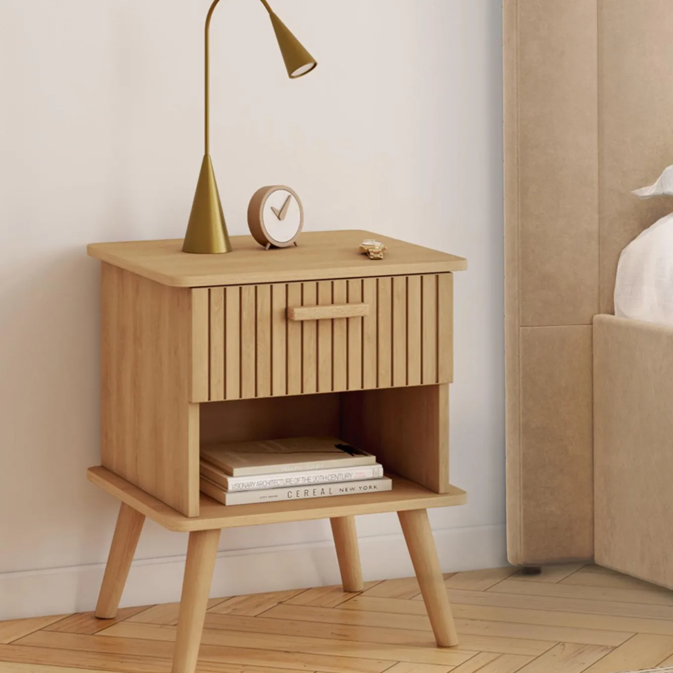 IDMarket Tables de chevet tasseau bois coloris chêne avec niche + 1 tiroir* Collection Design|Chambre Complète Adulte