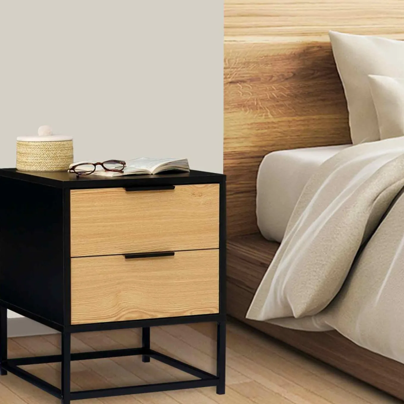 IDMarket Tables de chevets noir et bois industrielles* Meubles Tiroirs|Meubles Bas