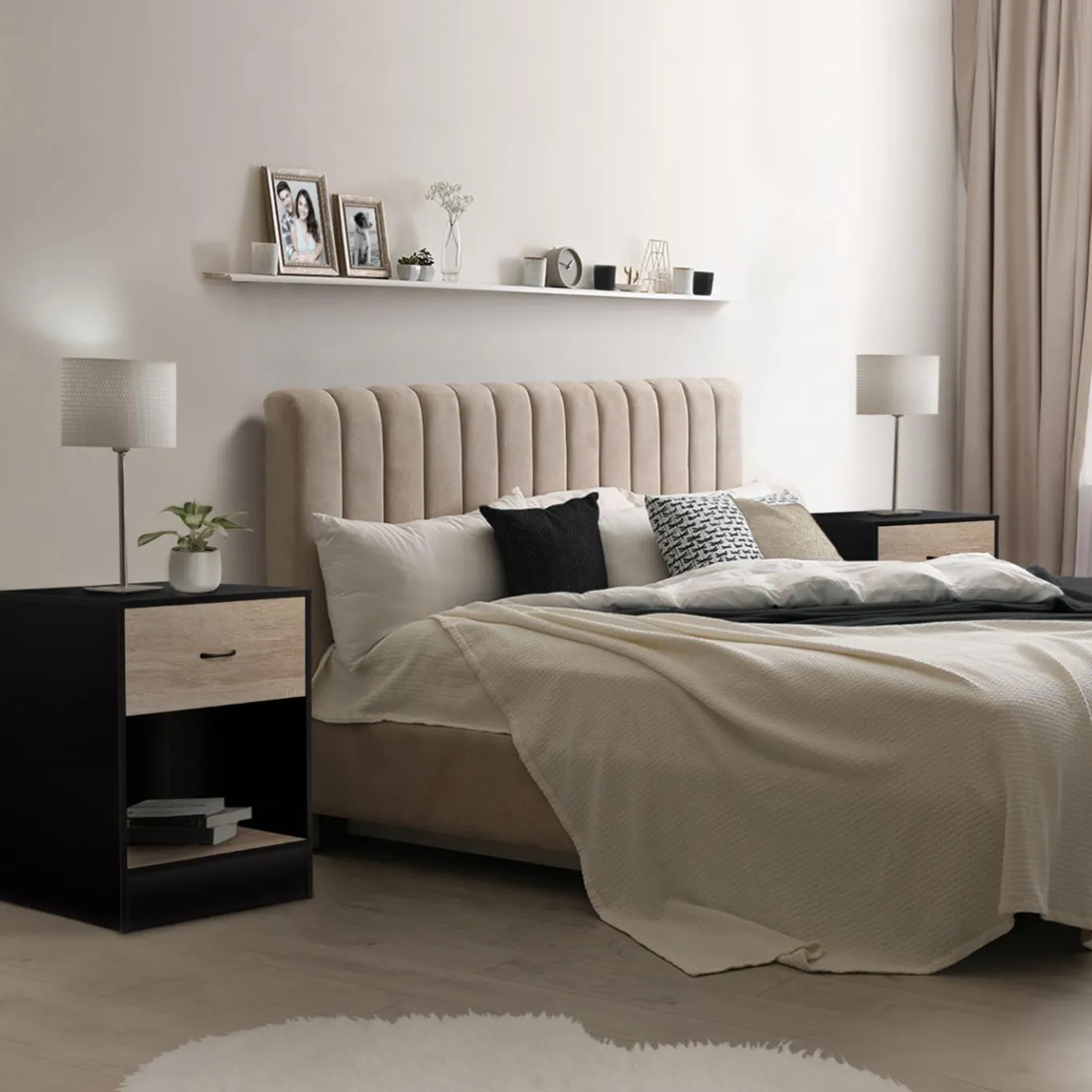 IDMarket Tables de nuit en bois noir et façon hêtre avec tiroir* Meubles Tiroirs|Meubles Bas