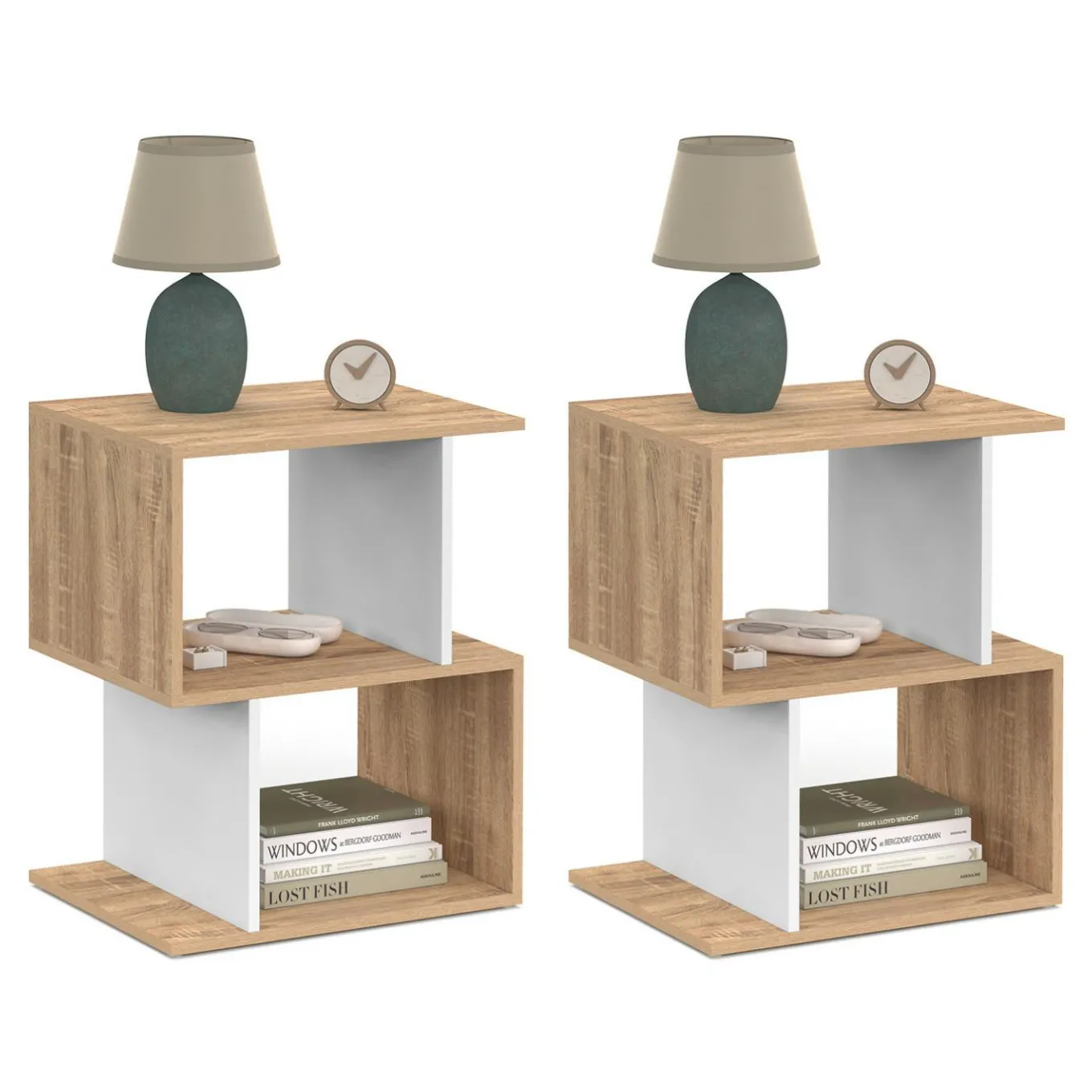 IDMarket Tables de nuit en forme de S effet hêtre et blanc* Collection Moderne|Chambre Complète Adulte