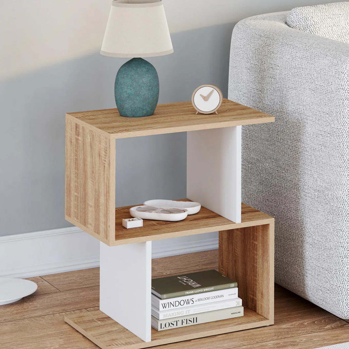IDMarket Tables de nuit en forme de S effet hêtre et blanc* Collection Moderne|Chambre Complète Adulte