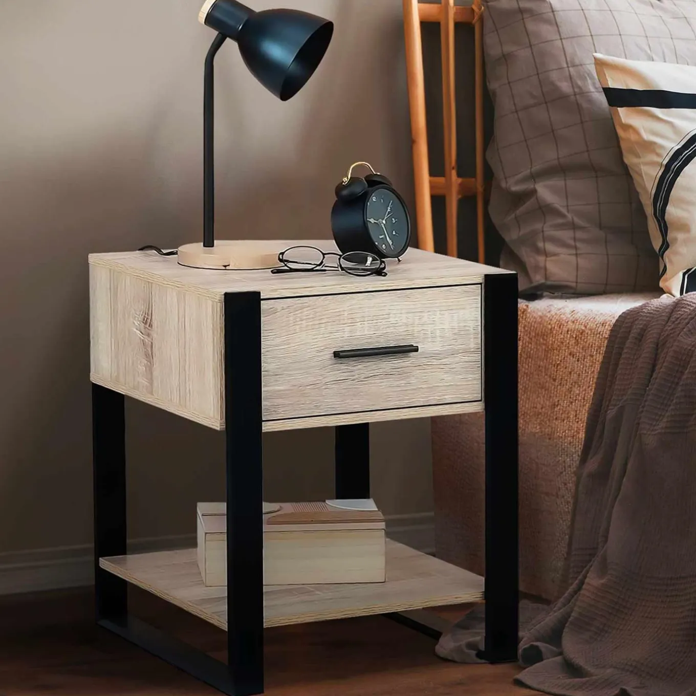 IDMarket Tables de nuit industrielles bois et noir 1 tiroir* Meubles Bas|Meubles En Bois