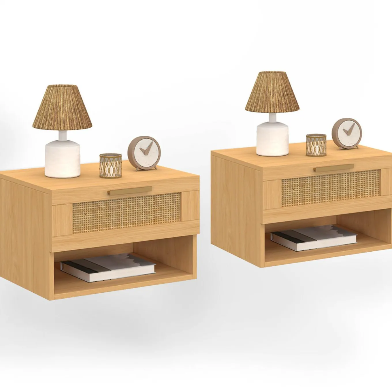 IDMarket Tables de nuit murales cannage et bois* Collection Cannage|Chambre Complète Adulte