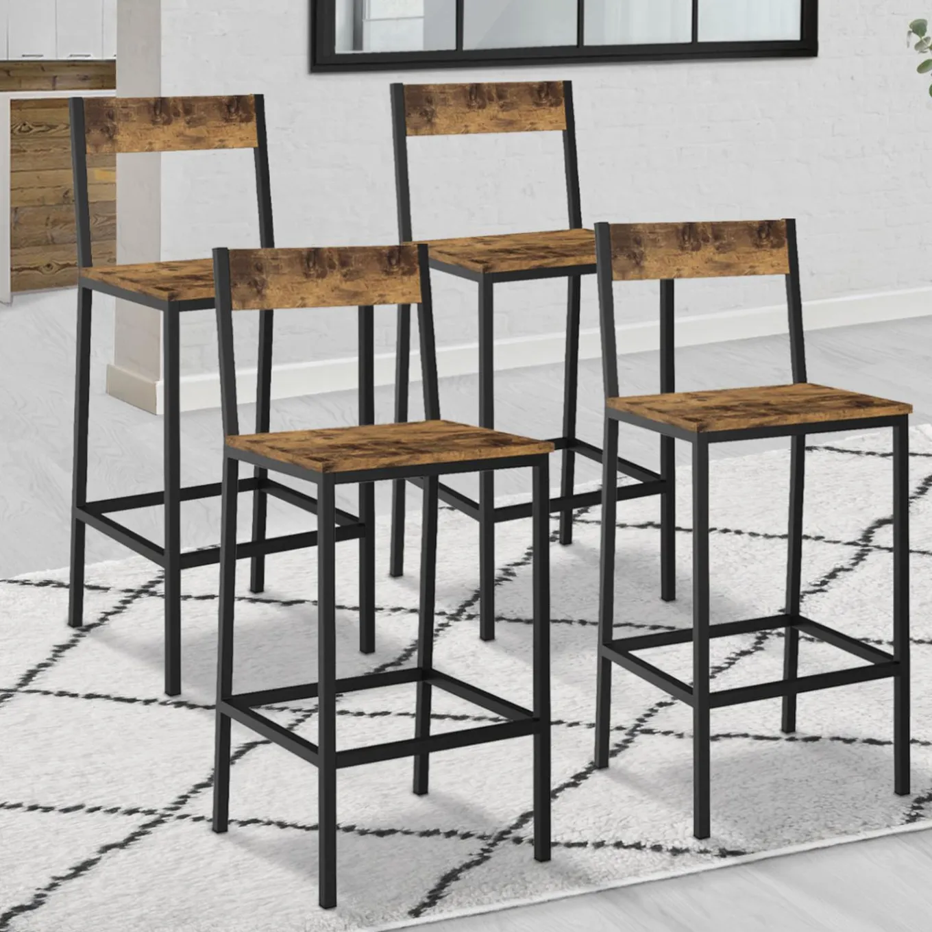 IDMarket Tabourets de bar avec dossier style industriel bois foncé et noir* Collection Vintage|Cuisine Complète