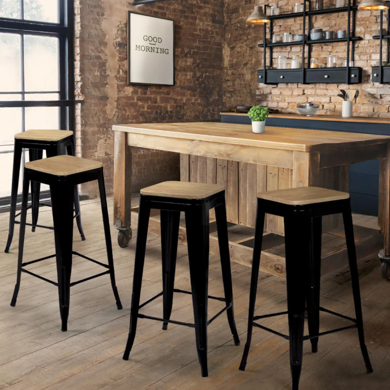IDMarket Tabourets de bar bois et métal noir empilables x4* Collection Métal|Collection Industrielle