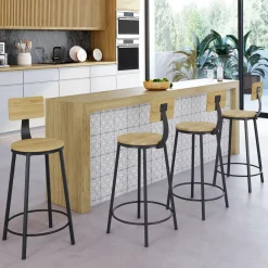 IDMarket Tabourets de bar industriel avec dossier bois et métal noir* Collection Industrielle|Tabourets De Bar