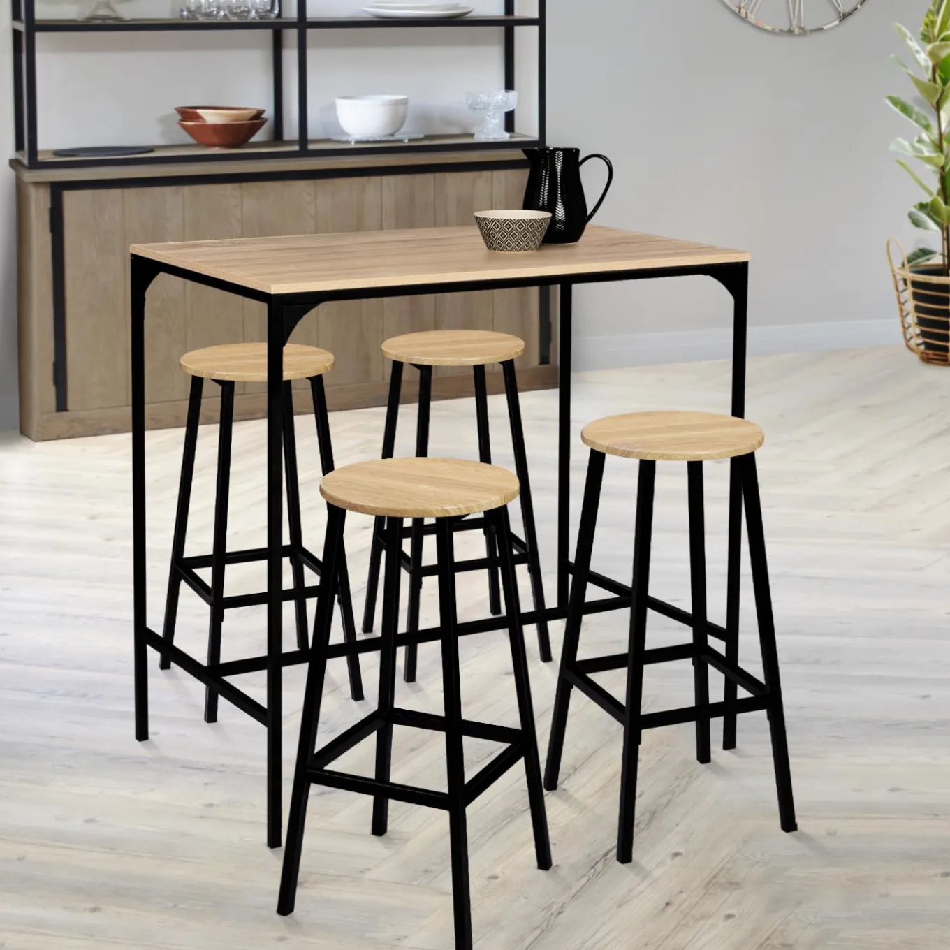 IDMarket Tabourets de bar ronds bois et métal noir x4* Collection Industrielle|Tabourets De Bar