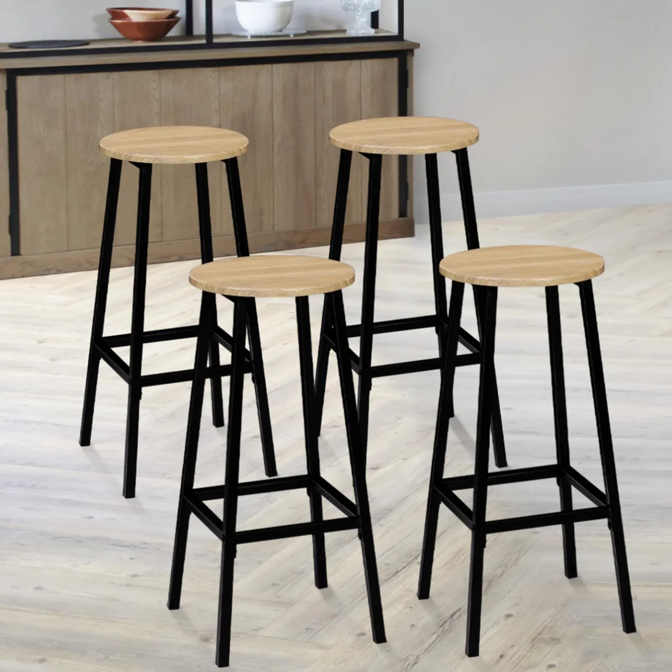 IDMarket Tabourets de bar ronds bois et métal noir x4* Collection Industrielle|Tabourets De Bar