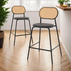 IDMarket Tabourets de bar vintage métal noir et cannage* Tabourets De Bar