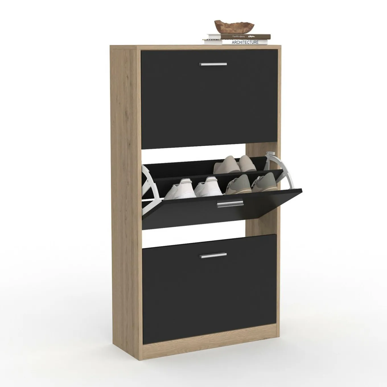 IDMarket Étagère à chaussures imitation hêtre et portes noires* Meubles Hauts|Petits Meubles