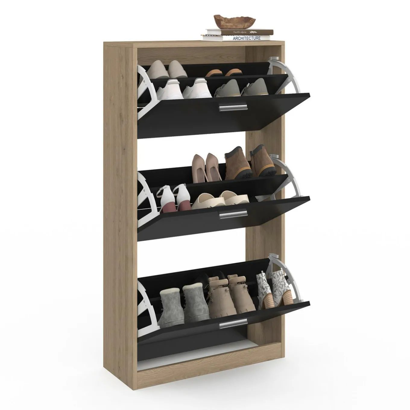 IDMarket Étagère à chaussures imitation hêtre et portes noires* Meubles Hauts|Petits Meubles