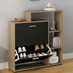 IDMarket Étagère à chaussures imitation hêtre avec 2 portes noires* Petits Meubles|Meubles À Chaussures