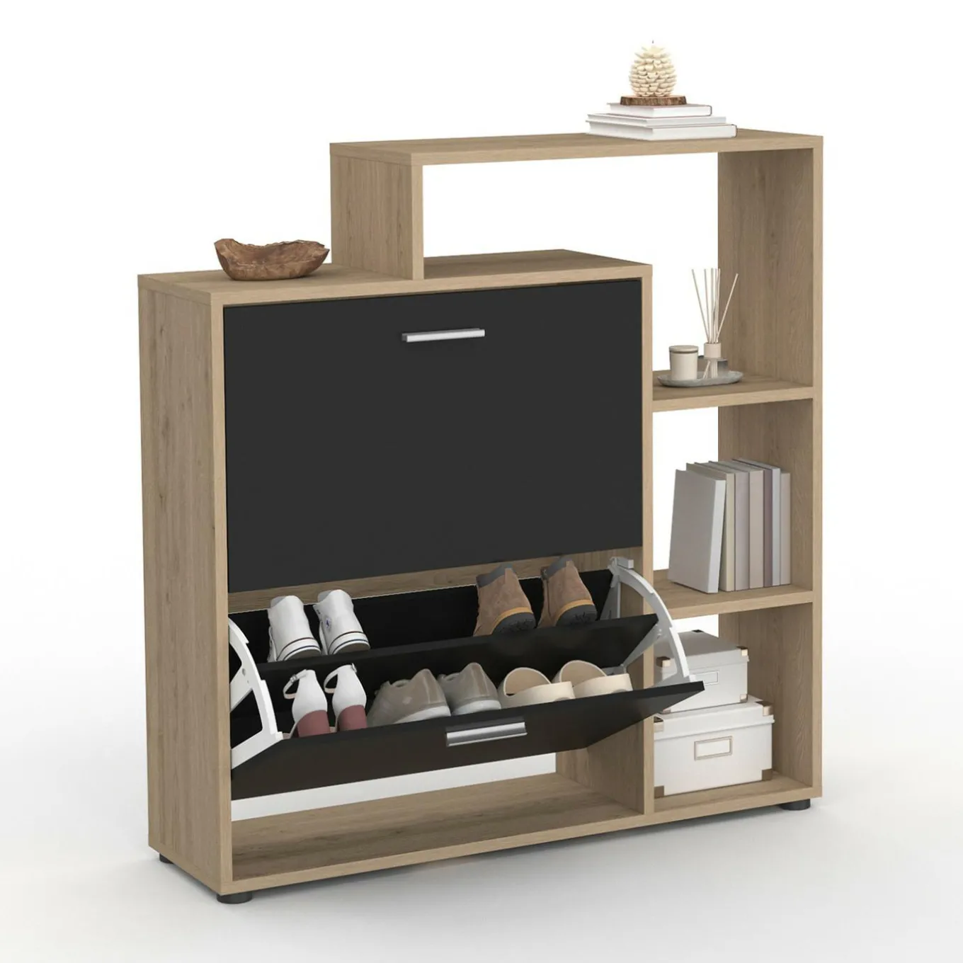 IDMarket Étagère à chaussures imitation hêtre avec 2 portes noires* Petits Meubles|Meubles À Chaussures