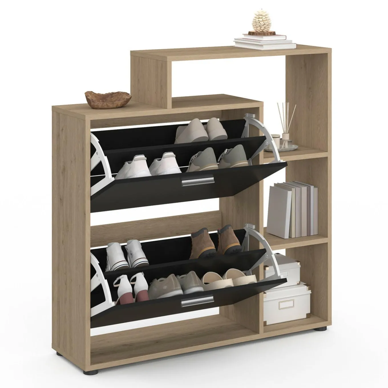 IDMarket Étagère à chaussures imitation hêtre avec 2 portes noires* Petits Meubles|Meubles À Chaussures