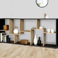 IDMarket Étagère 161 cm double position bois imitation hêtre et noir* Collection Agencement Magasin|Collection Télétravail