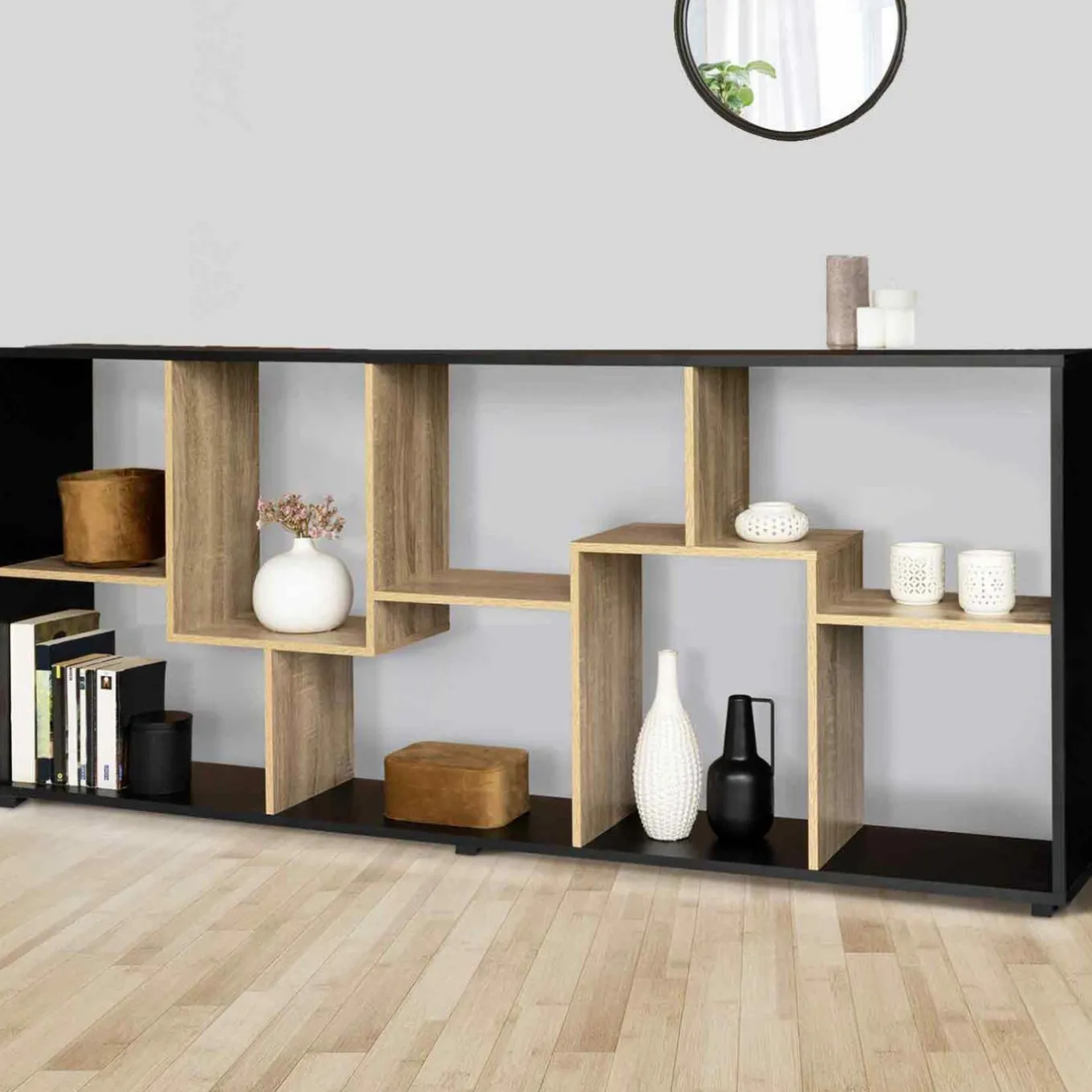 IDMarket Étagère 161 cm double position bois imitation hêtre et noir* Collection Agencement Magasin|Collection Télétravail