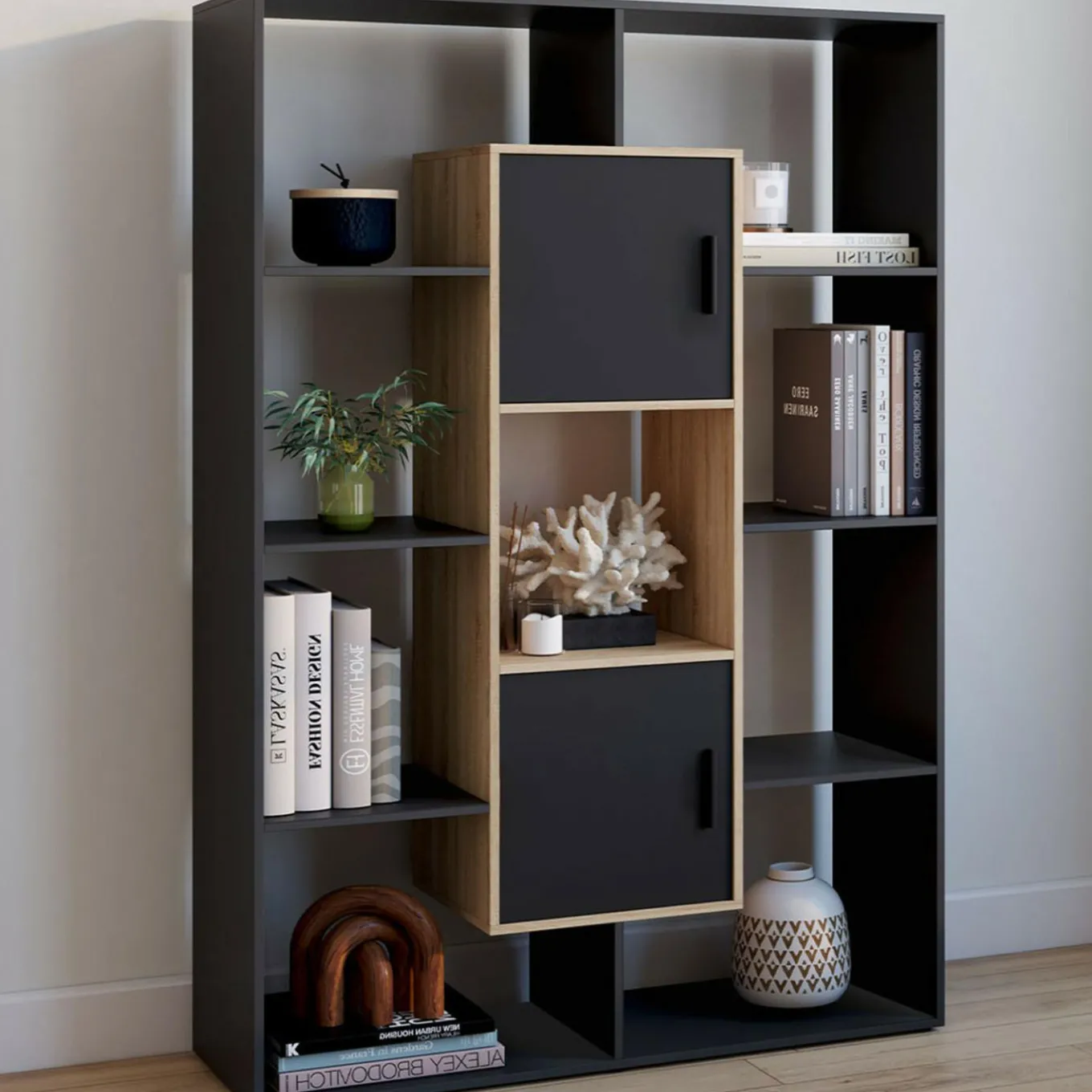 IDMarket Étagère bibliothèque 11 compartiments noir et effet bois* Collection Agencement Magasin|Collection Télétravail