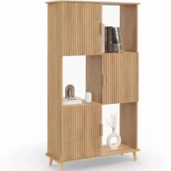 IDMarket Étagère bibliothèque bois coloris chêne lattes tasseau avec 6 compartiments* Meubles En Bois|Collection Contemporaine