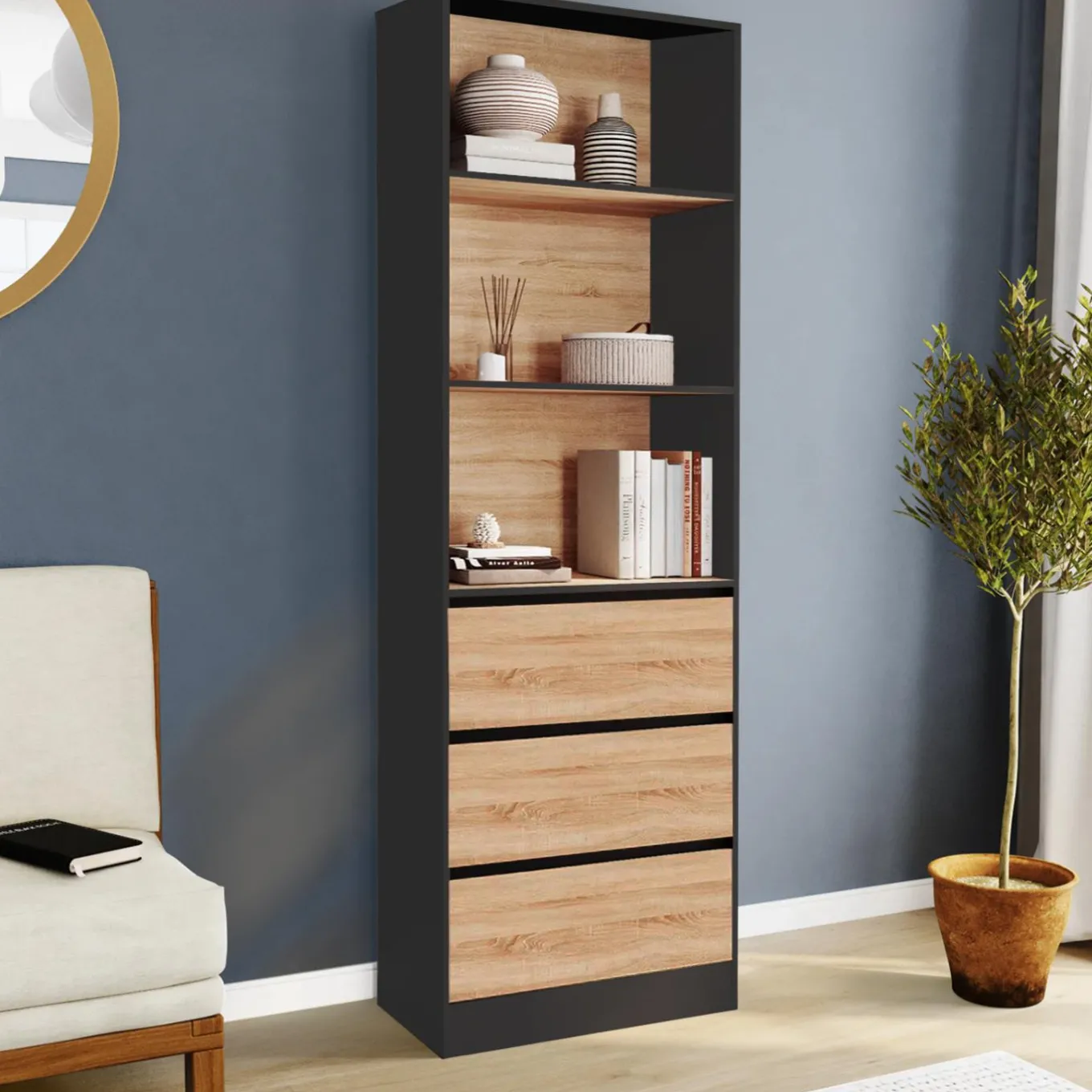 IDMarket Étagère bibliothèque bois et noir 3 tiroirs 3 niveaux H.190cm* Meubles Tiroirs|Meubles Hauts