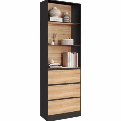IDMarket Étagère bibliothèque bois et noir 3 tiroirs 3 niveaux H.190cm* Meubles Tiroirs|Meubles Hauts