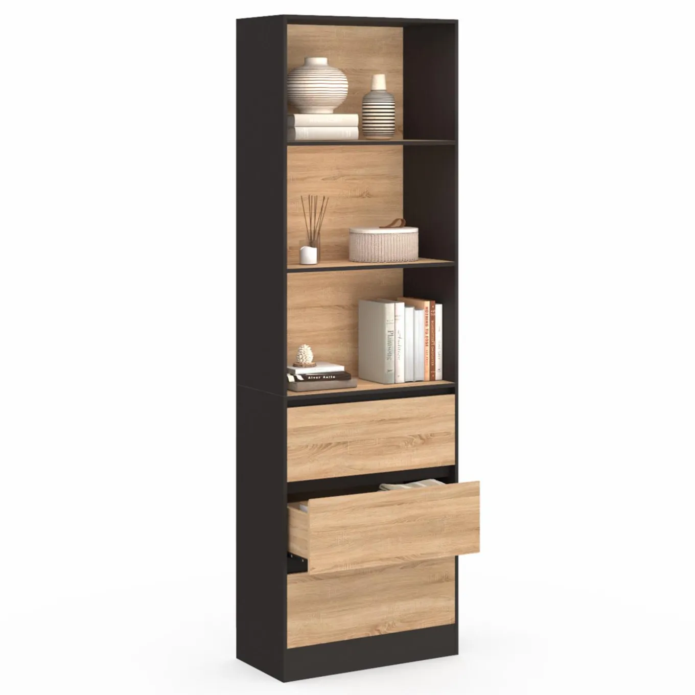 IDMarket Étagère bibliothèque bois et noir 3 tiroirs 3 niveaux H.190cm* Meubles Tiroirs|Meubles Hauts