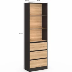 IDMarket Étagère bibliothèque bois et noir 3 tiroirs 3 niveaux H.190cm* Meubles Tiroirs|Meubles Hauts
