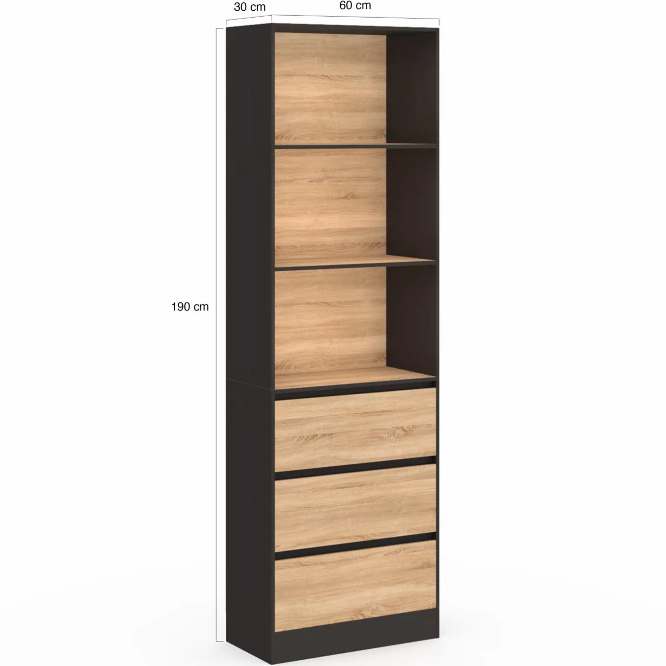 IDMarket Étagère bibliothèque bois et noir 3 tiroirs 3 niveaux H.190cm* Meubles Tiroirs|Meubles Hauts