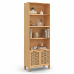 IDMarket Étagère bibliothèque cannage et bois 4 niveaux avec placard* Collection Cannage|Etagères