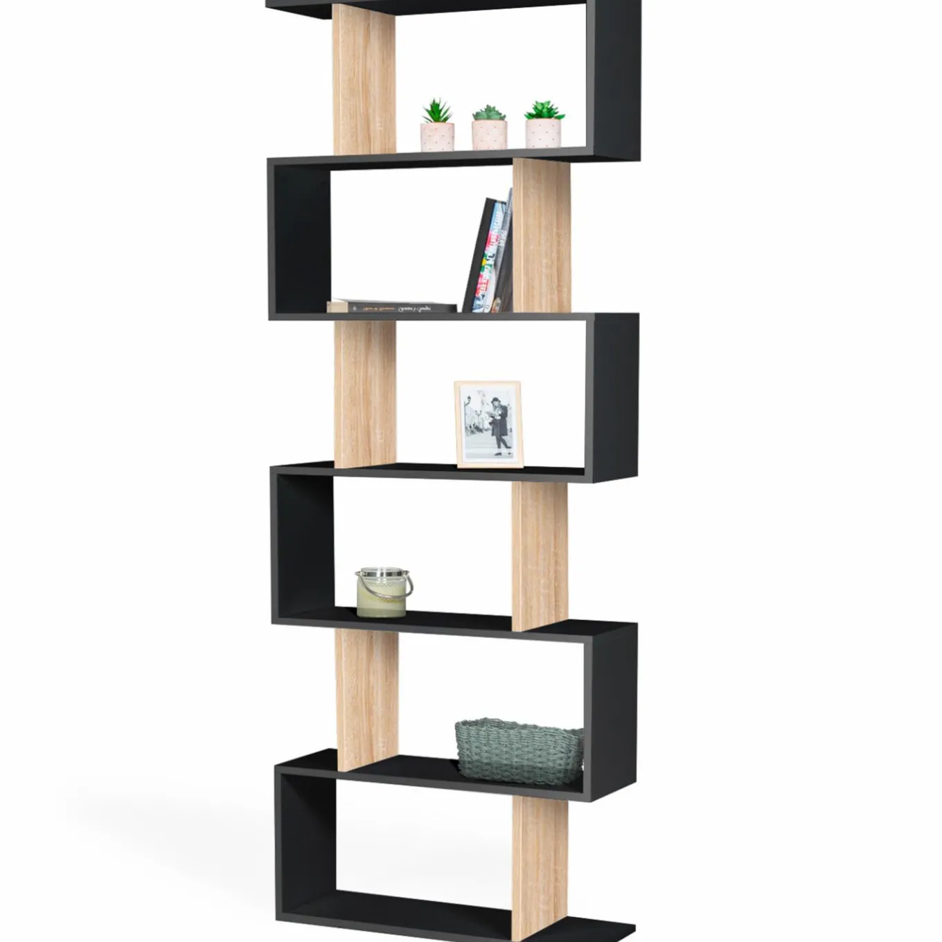 IDMarket Étagère bibliothèque en S 189cm bois façon hêtre et noir* Meubles Hauts|Meubles Blancs