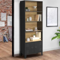 IDMarket Étagère bibliothèque industrielle bois et noir 4 niveaux avec placard portes métalliques* Etagères|Salon Complet
