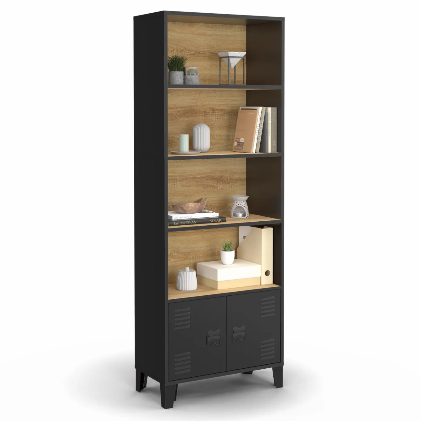 IDMarket Étagère bibliothèque industrielle bois et noir 4 niveaux avec placard portes métalliques* Etagères|Salon Complet