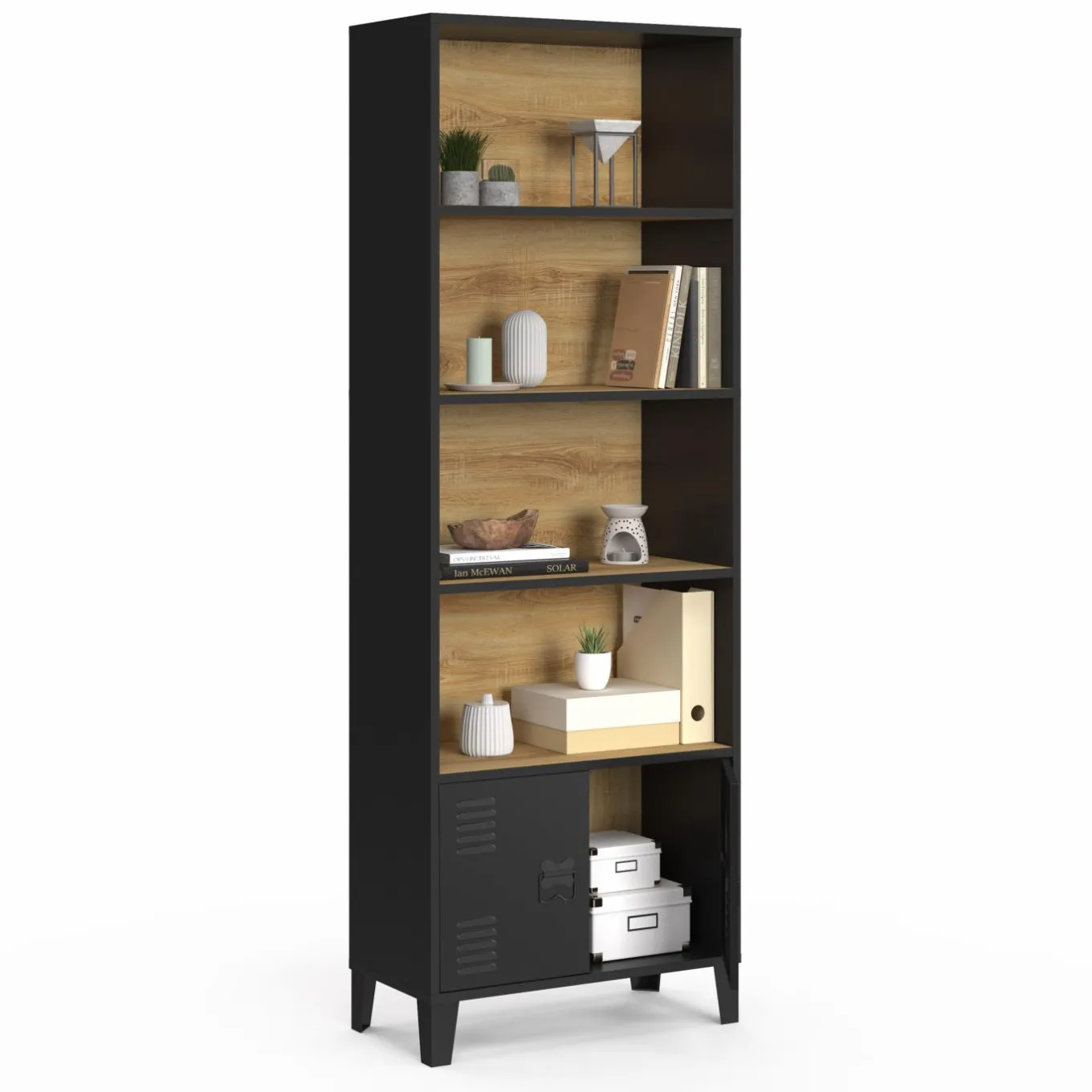 IDMarket Étagère bibliothèque industrielle bois et noir 4 niveaux avec placard portes métalliques* Etagères|Salon Complet