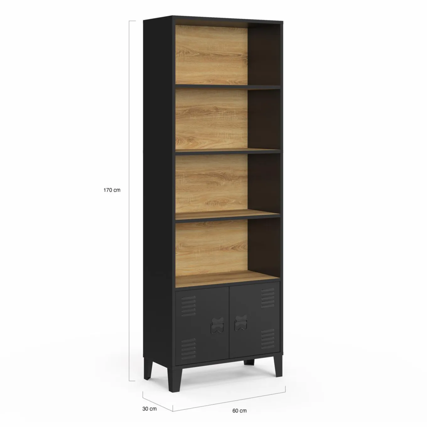 IDMarket Étagère bibliothèque industrielle bois et noir 4 niveaux avec placard portes métalliques* Etagères|Salon Complet