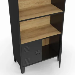 IDMarket Étagère bibliothèque industrielle bois et noir 4 niveaux avec placard portes métalliques* Etagères|Salon Complet