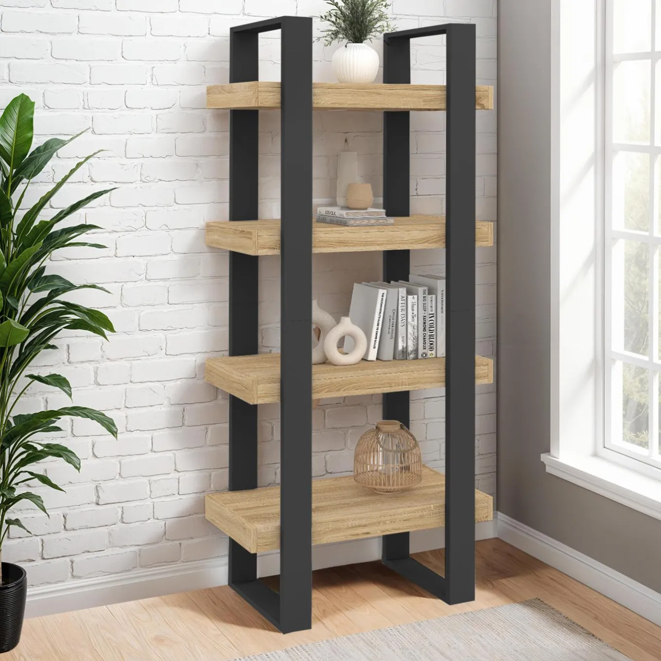 IDMarket Étagère bibliothèque noire et bois 160 cm* Meubles Hauts|Collection Agencement Magasin