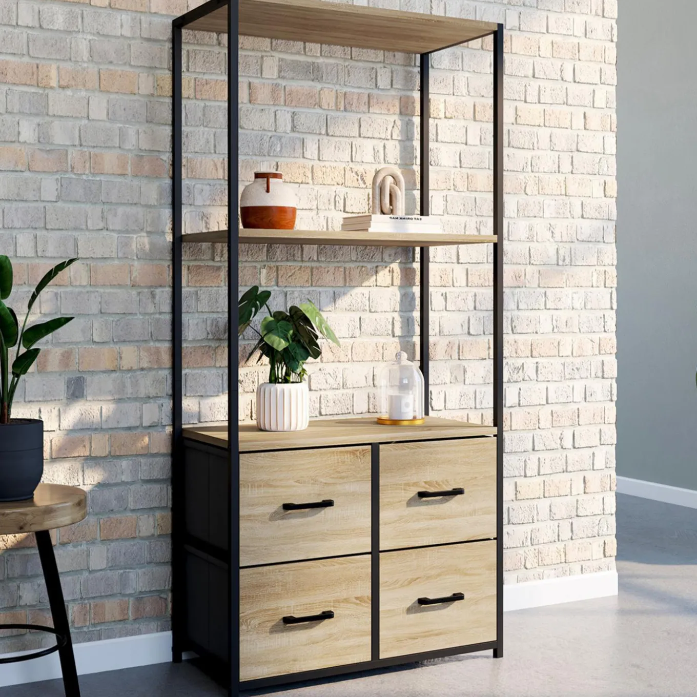 IDMarket Étagère design industriel avec tiroirs en tissu* Meubles Tiroirs|Meubles Hauts