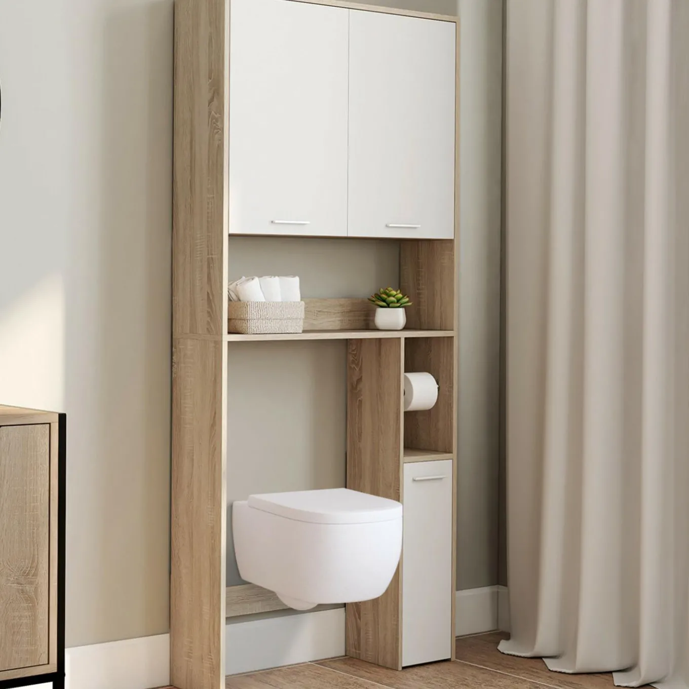 IDMarket Étagère dessus WC blanc et bois façon hêtre avec dévidoir à papier* Meubles Salle De Bain|Meubles Wc