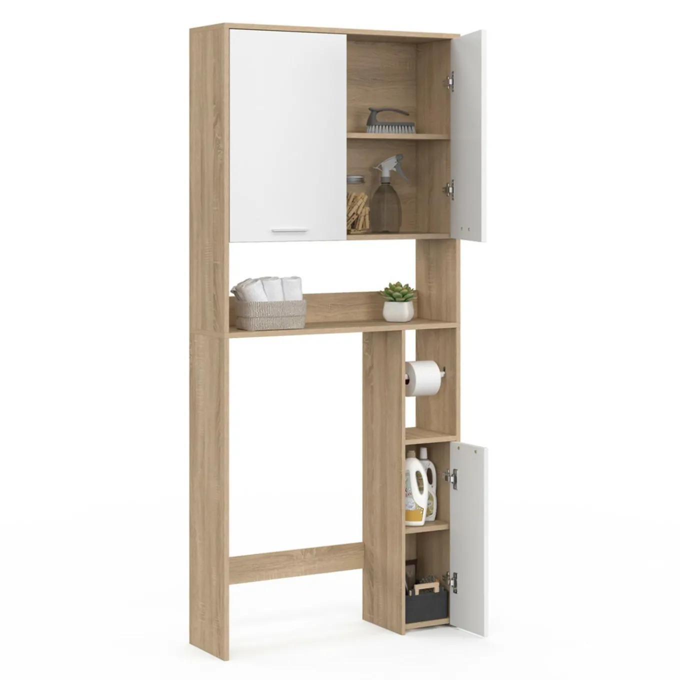 IDMarket Étagère dessus WC blanc et bois façon hêtre avec dévidoir à papier* Meubles Salle De Bain|Meubles Wc