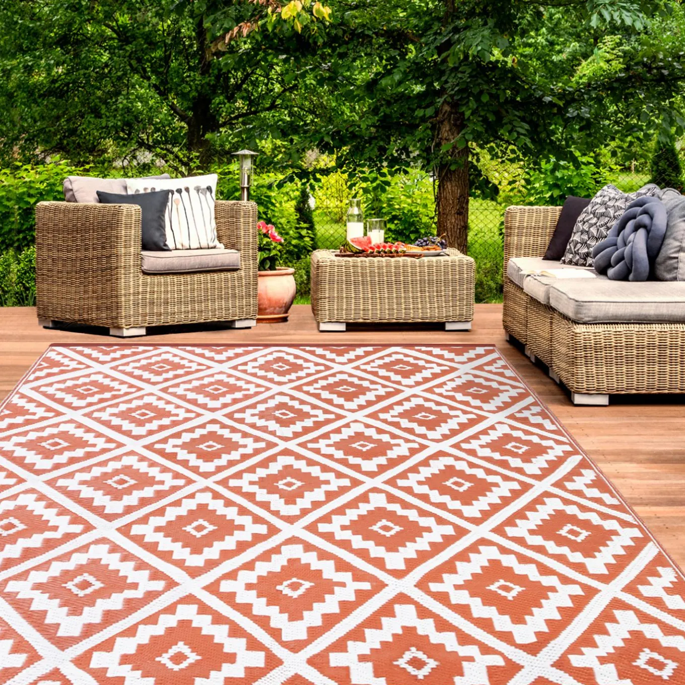 IDMarket Tapis extérieur terracotta motifs géométriques 270 x 370 cm* Revêtement Sol Extérieur