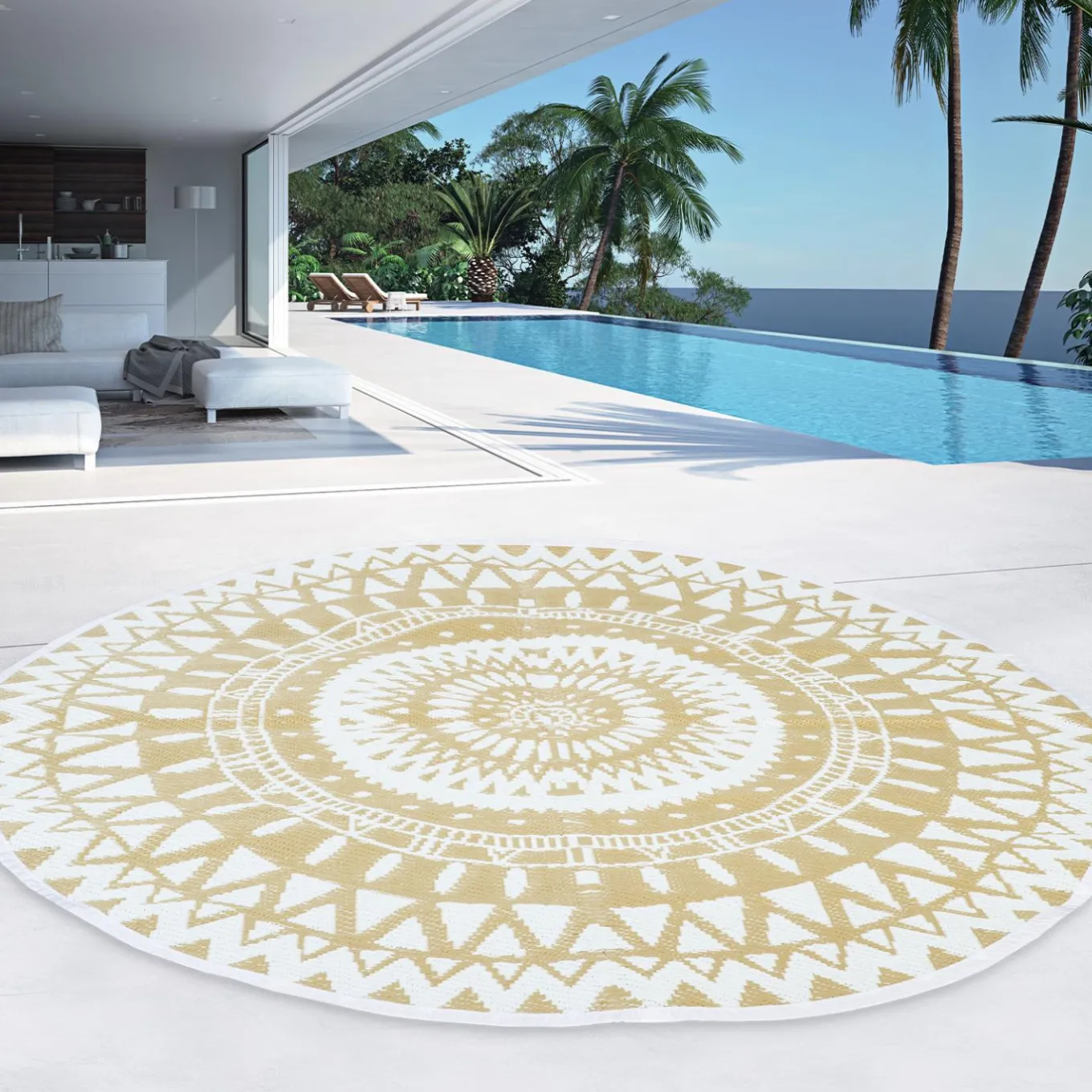 IDMarket Tapis extérieur terrasse motifs maoris blanc et naturel 150 cm* Revêtement Sol Extérieur