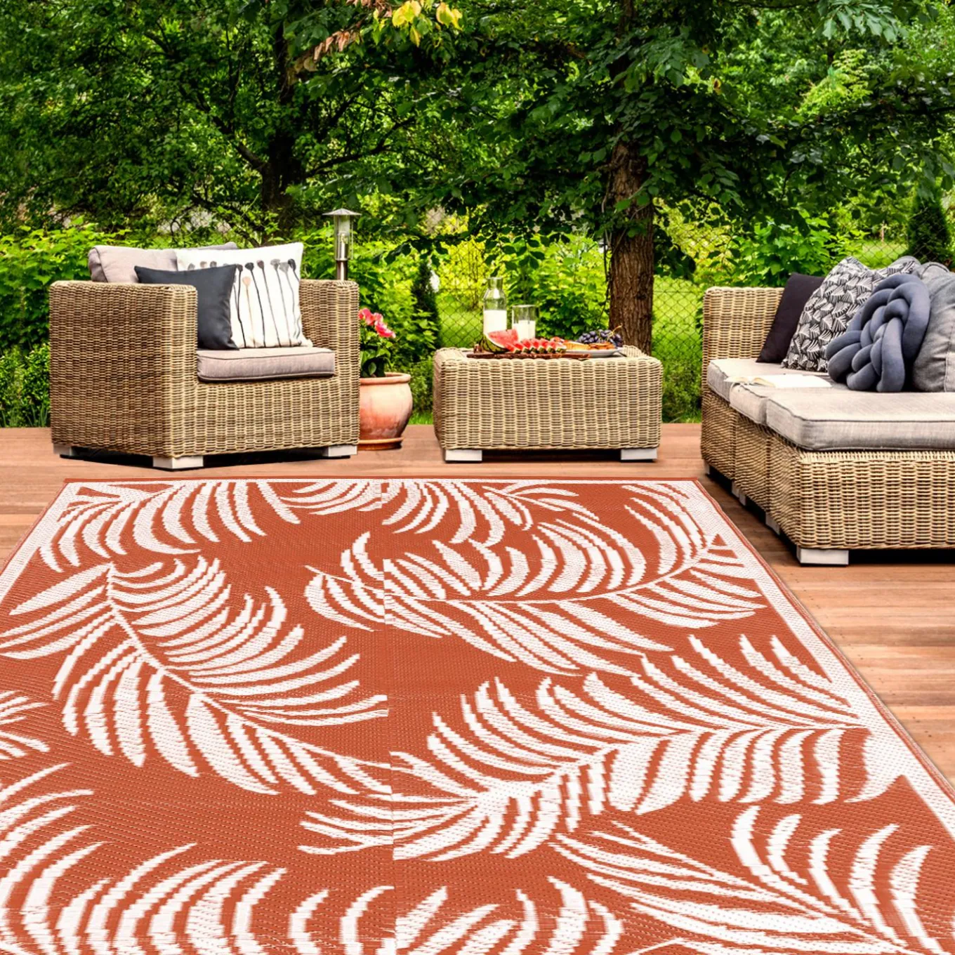 IDMarket Tapis tropical d'extérieur terracotta et blanc* Revêtement Sol Extérieur