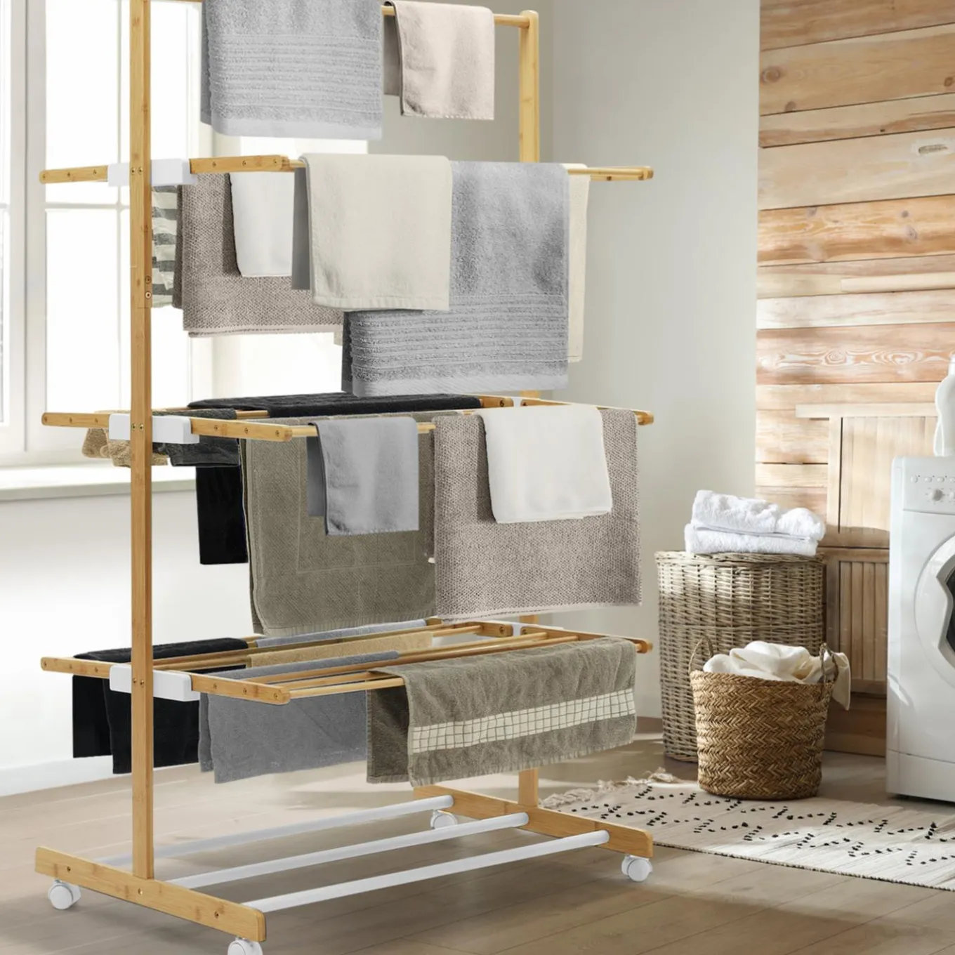 IDMarket Étendoir à linge 3 niveaux en bambou* Séchoirs À Linge