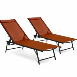 IDMarket Transats de jardin acier gris anthracite et toile terracotta - lot de 2* Bains De Soleil|Fauteuils De Jardin
